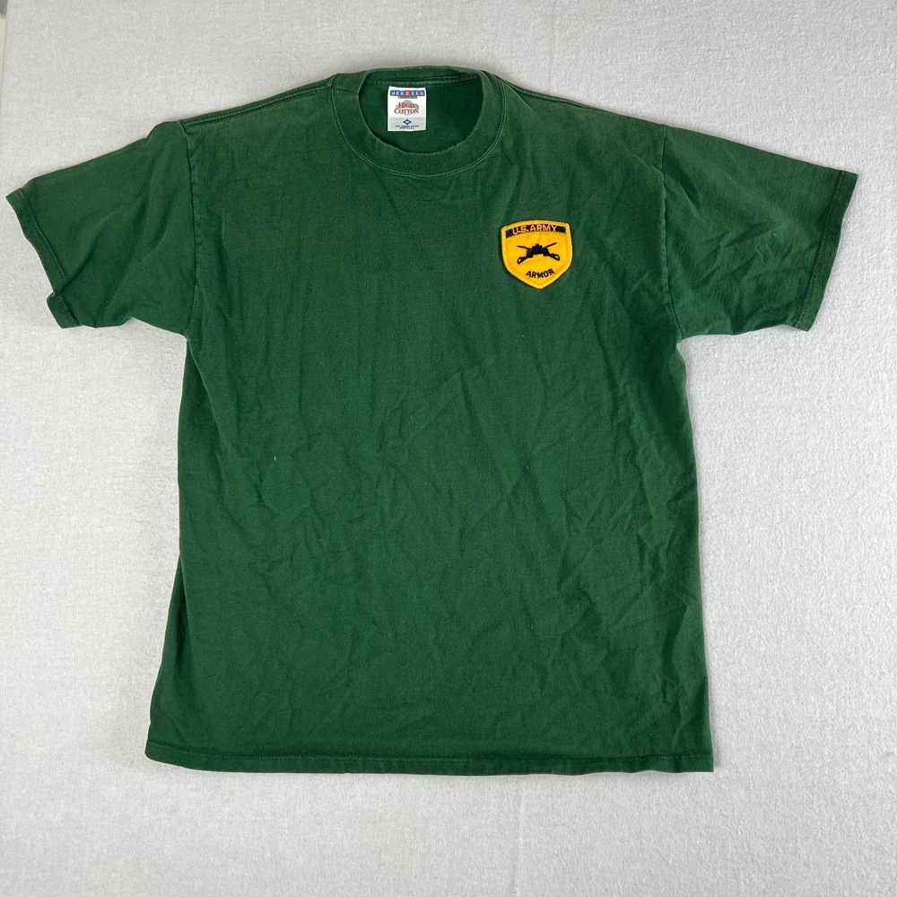 Vintage Jerzees US Army Armor Green Short Sleeve Military Shirt Mens Medium